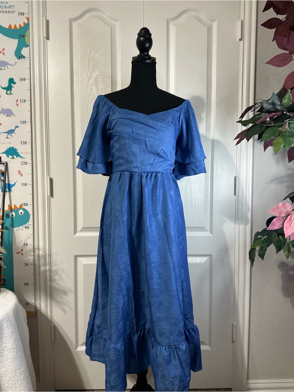 Blue Off-Shoulder Midi Dress with Ruffle Sleeves